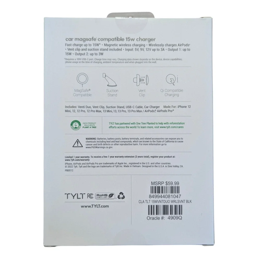 X5-N‎ TYLT Venti Duo Car MagSafe Compatible 15W - Charges iPhone & AirPods